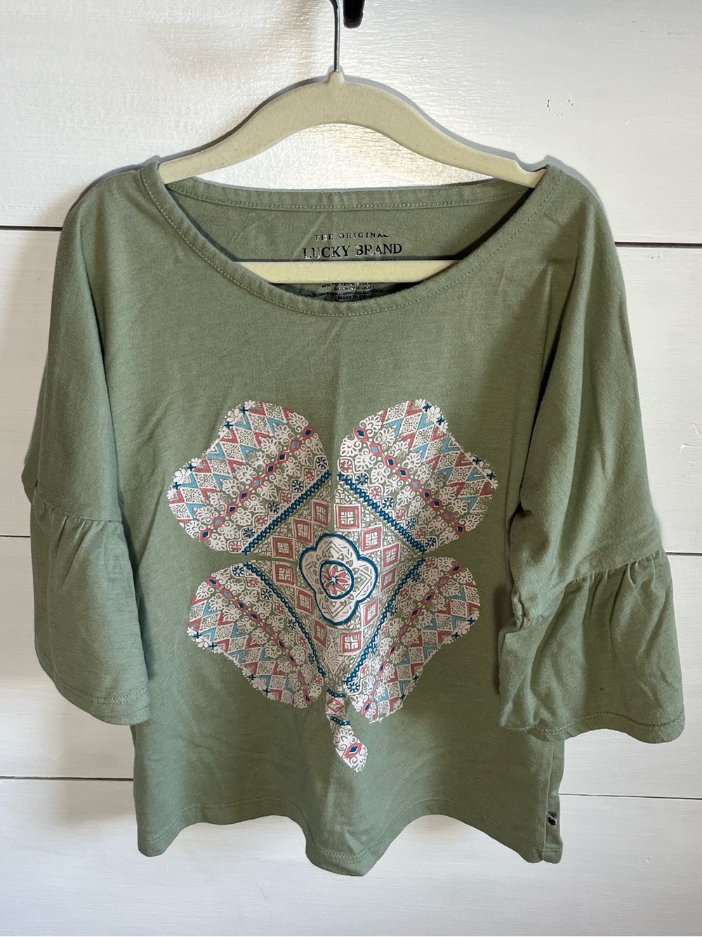 Lucky Brand Olive Green Boho Graphic Bell-Sleeve Tee